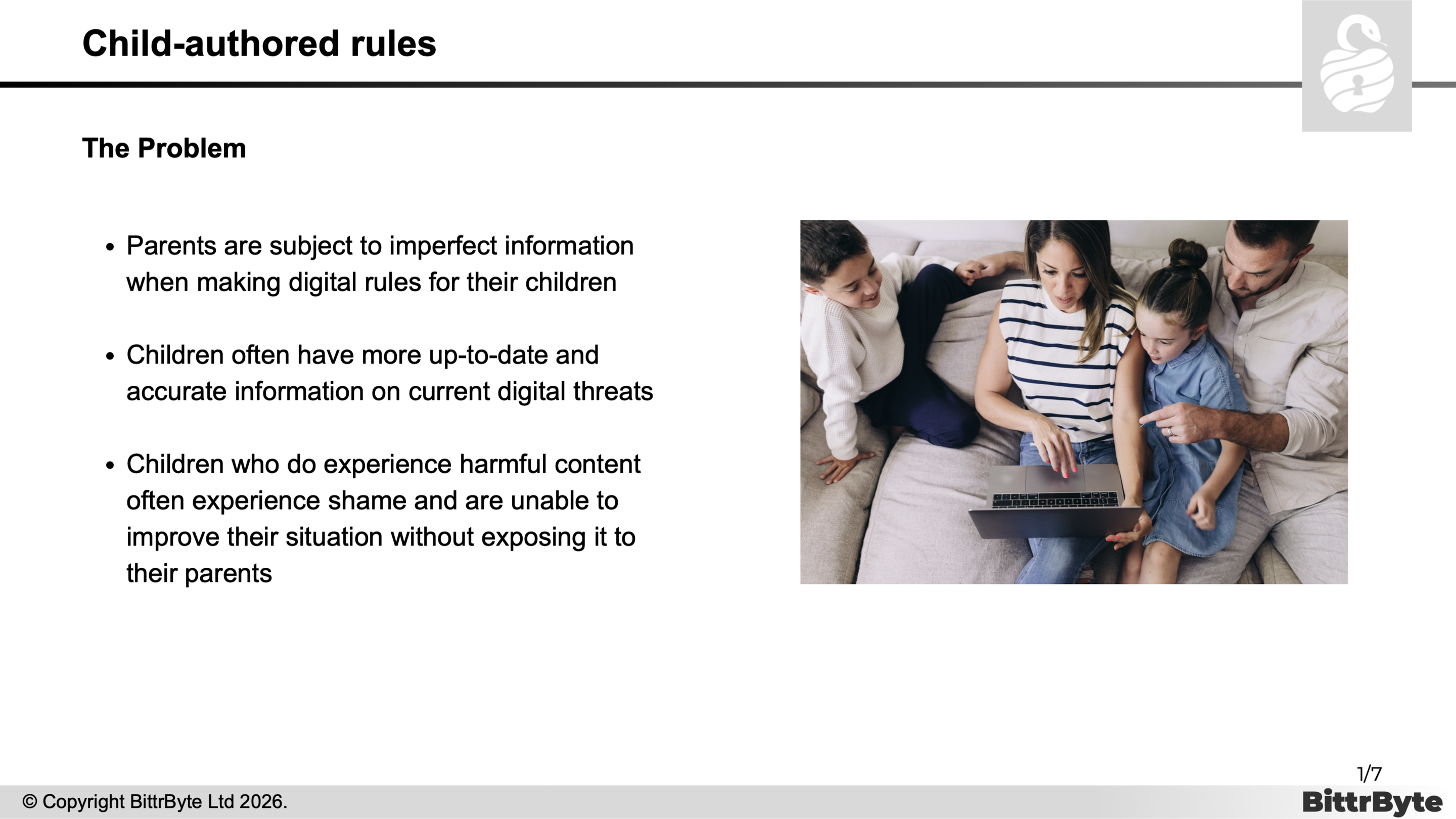 Child-authored rules. The problem: parents lack up-to-date information, and children may hide harmful content.