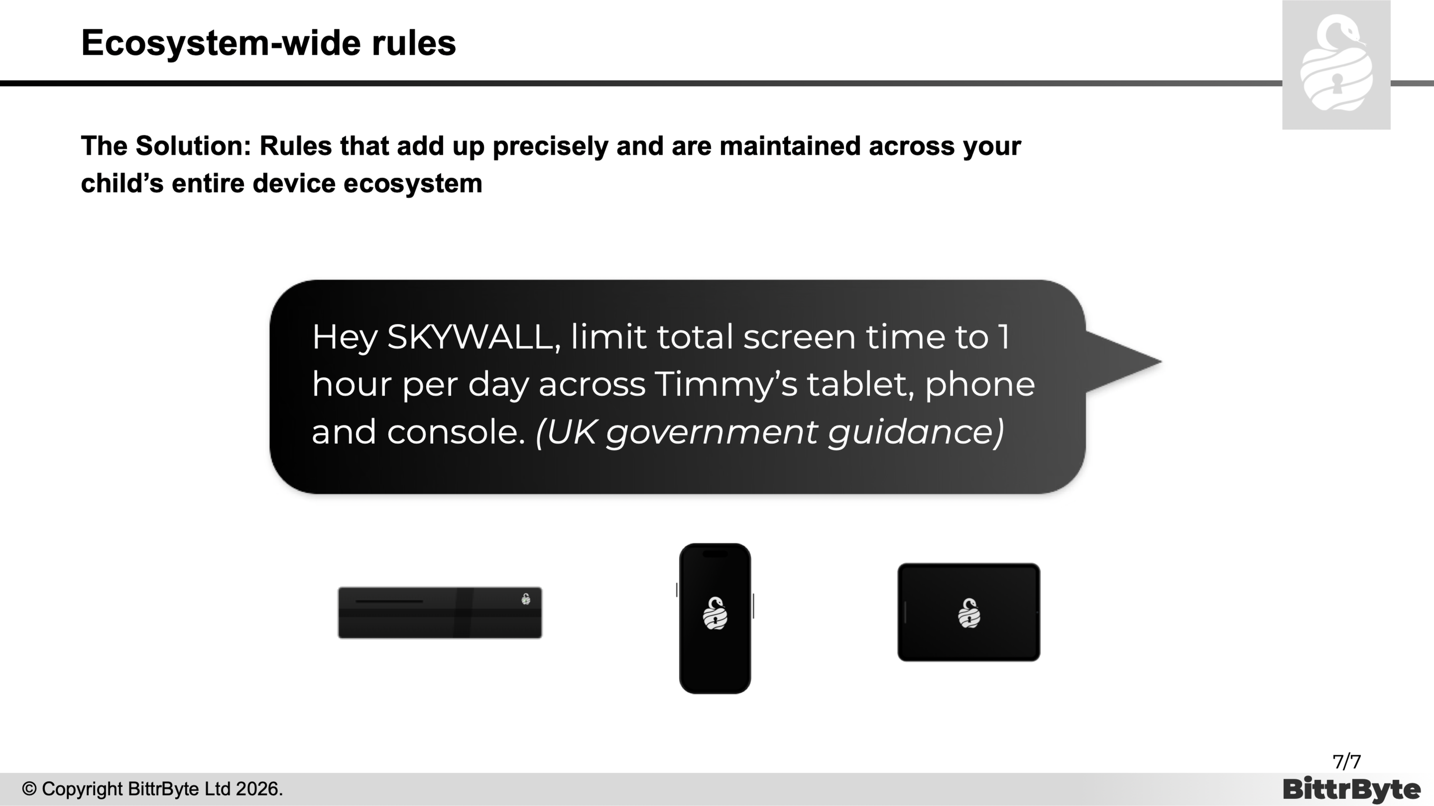 Ecosystem-wide rules. The solution: one screen-time limit across a tablet, phone, and console.