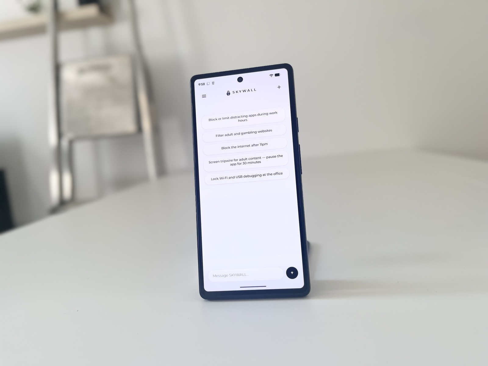Pixel 6a running SKYWALL OS on a table